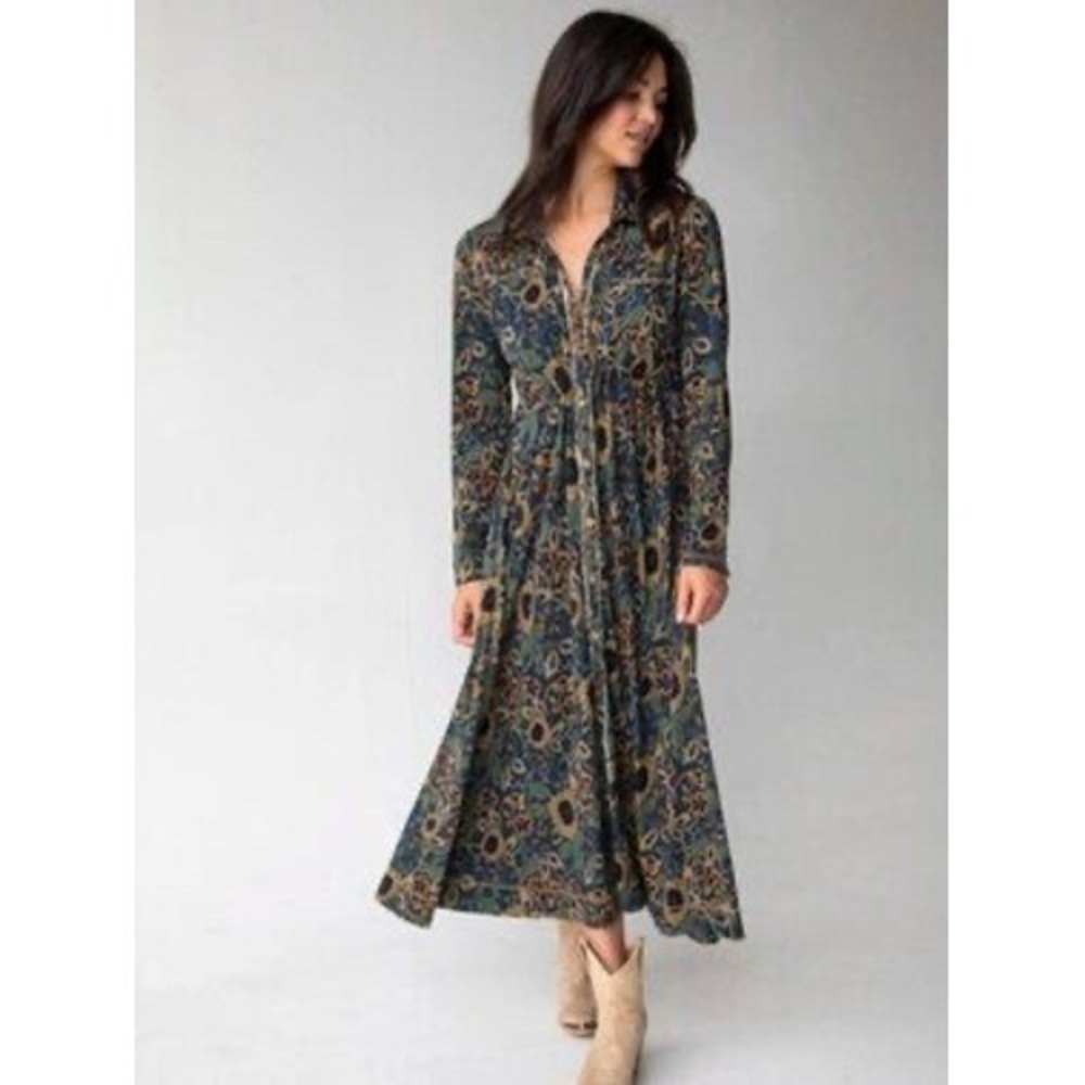 Natural Life Floral Maxi Dress Womens L Blue Sunflower Boho Cottagecore Garden